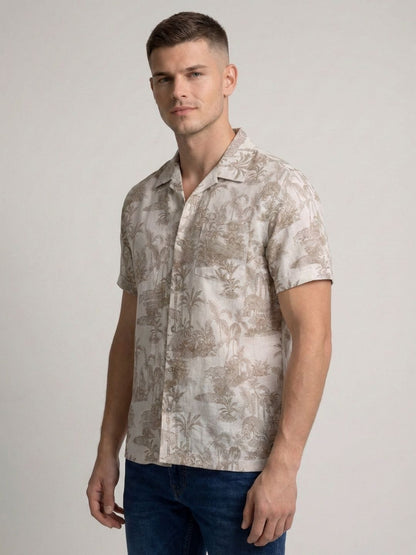 Mokajodi Beige Boxy Fit Printed Casual Shirt