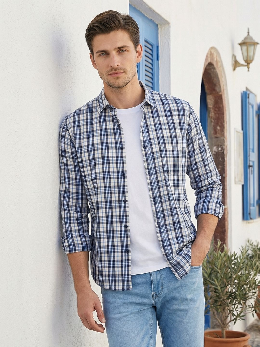 Mokajodi Blue Slim Fit Checks Casual Shirt