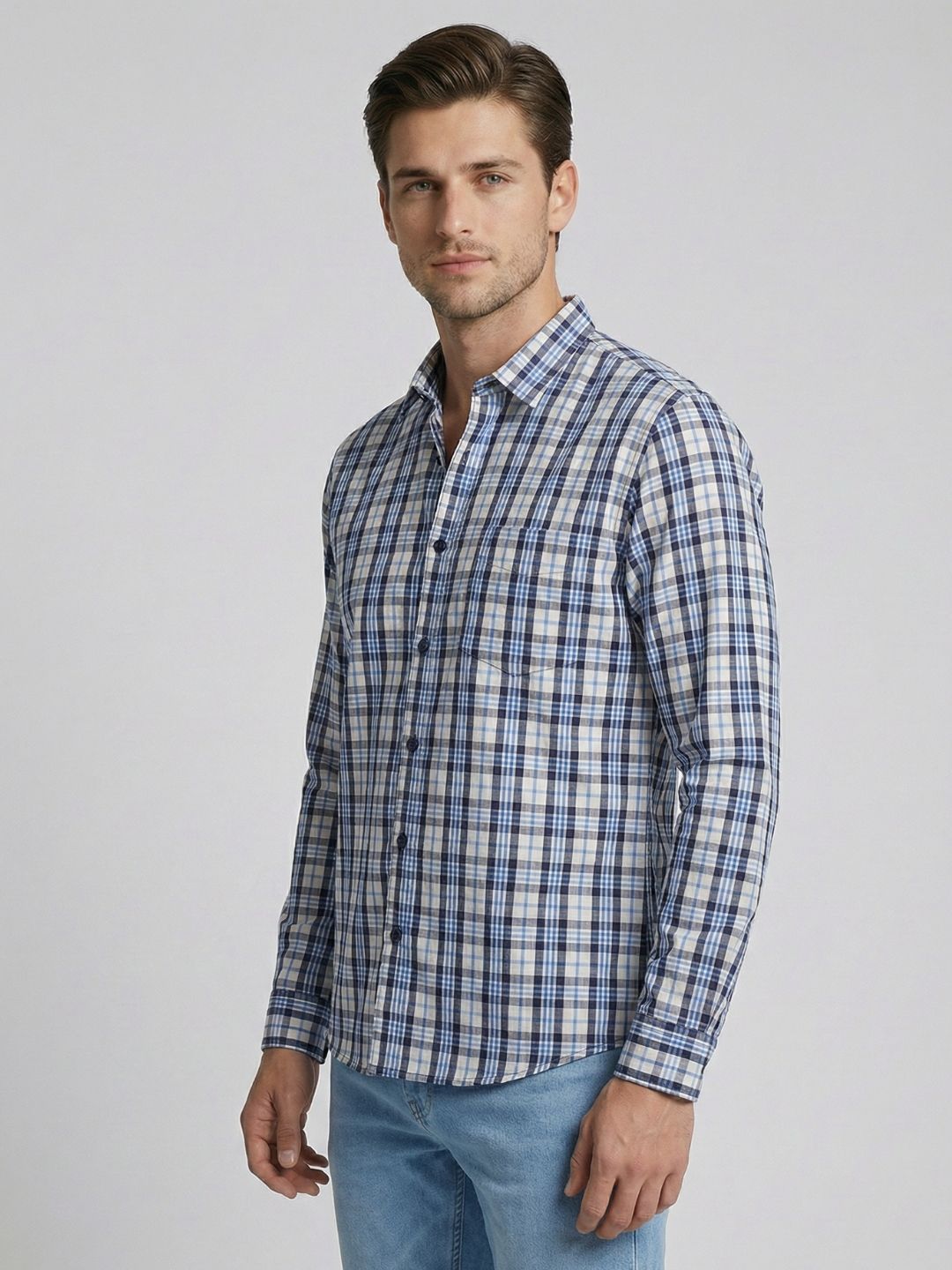Mokajodi Blue Slim Fit Checks Casual Shirt