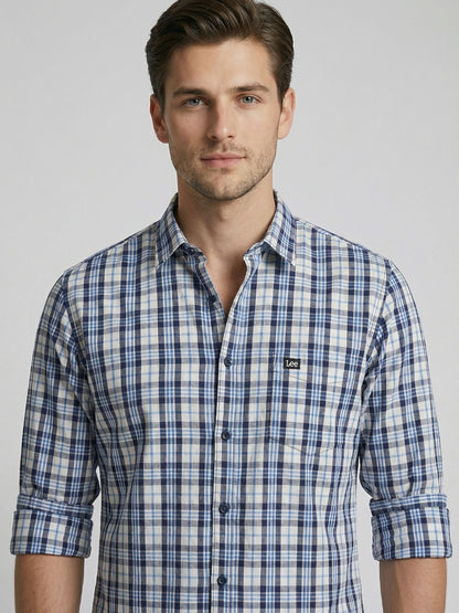 Mokajodi Blue Slim Fit Checks Casual Shirt