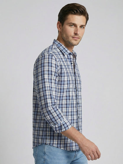 Mokajodi Blue Slim Fit Checks Casual Shirt