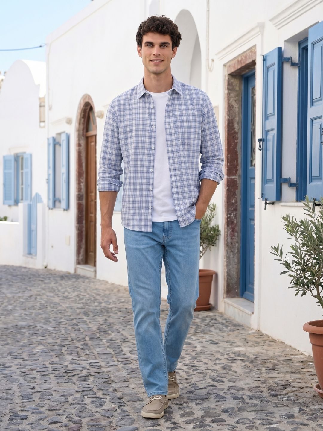 Mokajodi Blue Slim Fit Checks Casual Shirt