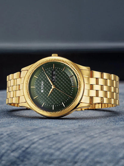 Titan Brass Dial & Stainless Steel Bracelet Style Strap Analogue Watch - 1824YM02