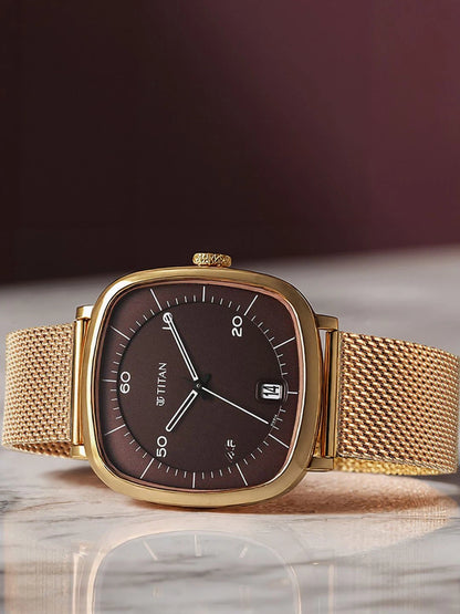 Titan Brass Dial & Stainless Steel Bracelet Style Strap Analogue Watch - 1885WM01