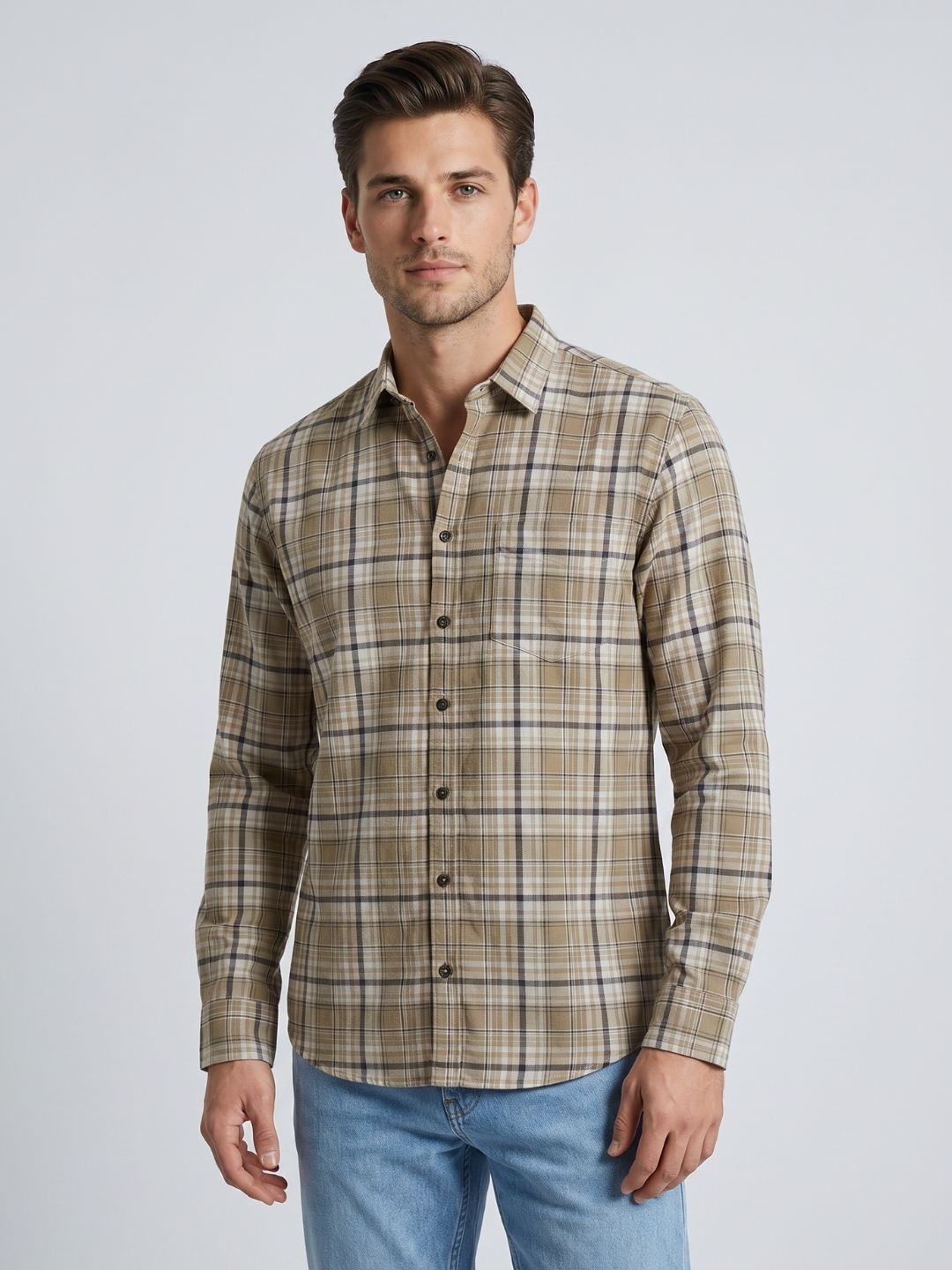 Mokajodi Beige Slim Fit Checks Casual Shirt