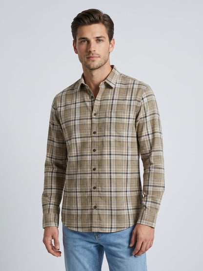 Mokajodi Beige Slim Fit Checks Casual Shirt