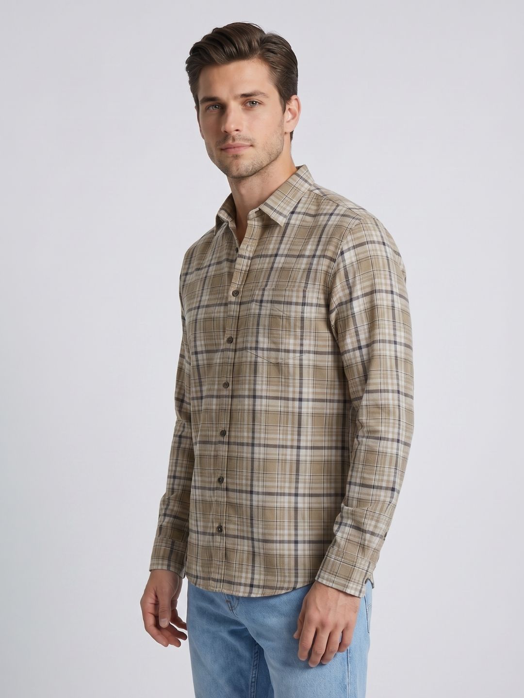 Mokajodi Beige Slim Fit Checks Casual Shirt