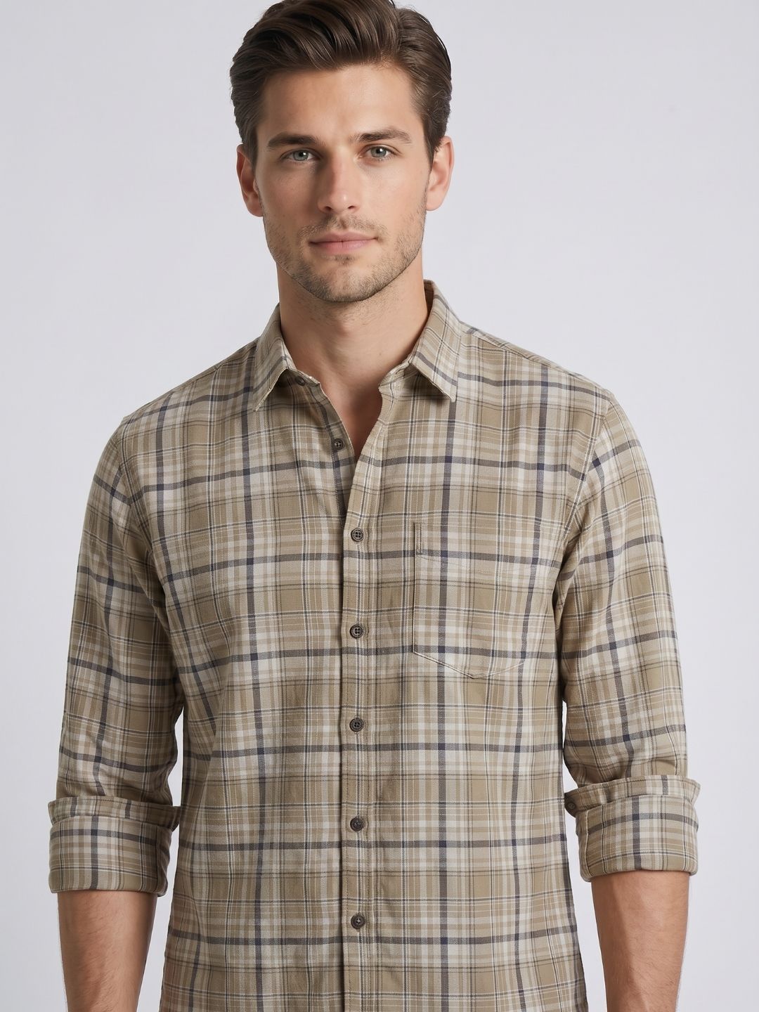 Mokajodi Beige Slim Fit Checks Casual Shirt