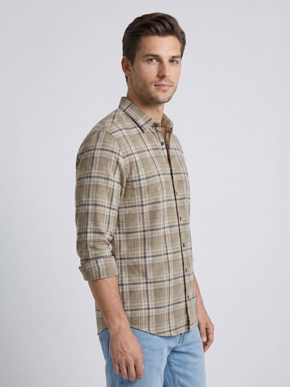Mokajodi Beige Slim Fit Checks Casual Shirt