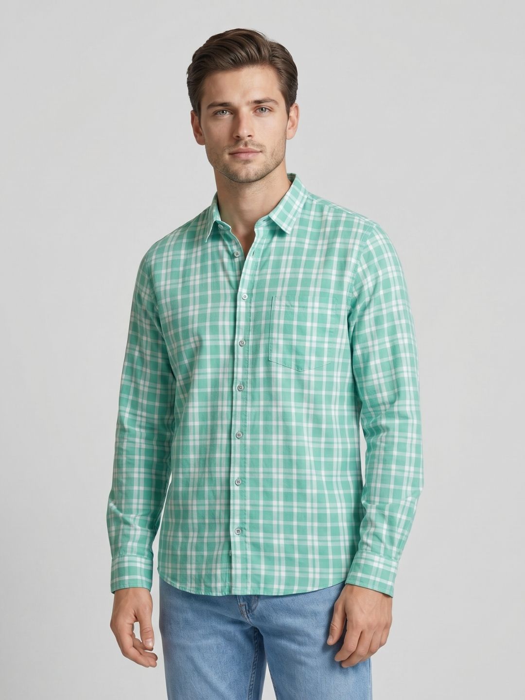 Mokajodi Sea Green Slim Fit Checks Casual Shirt