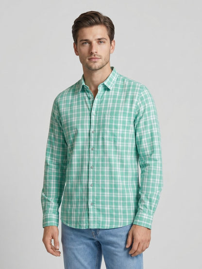 Mokajodi Sea Green Slim Fit Checks Casual Shirt