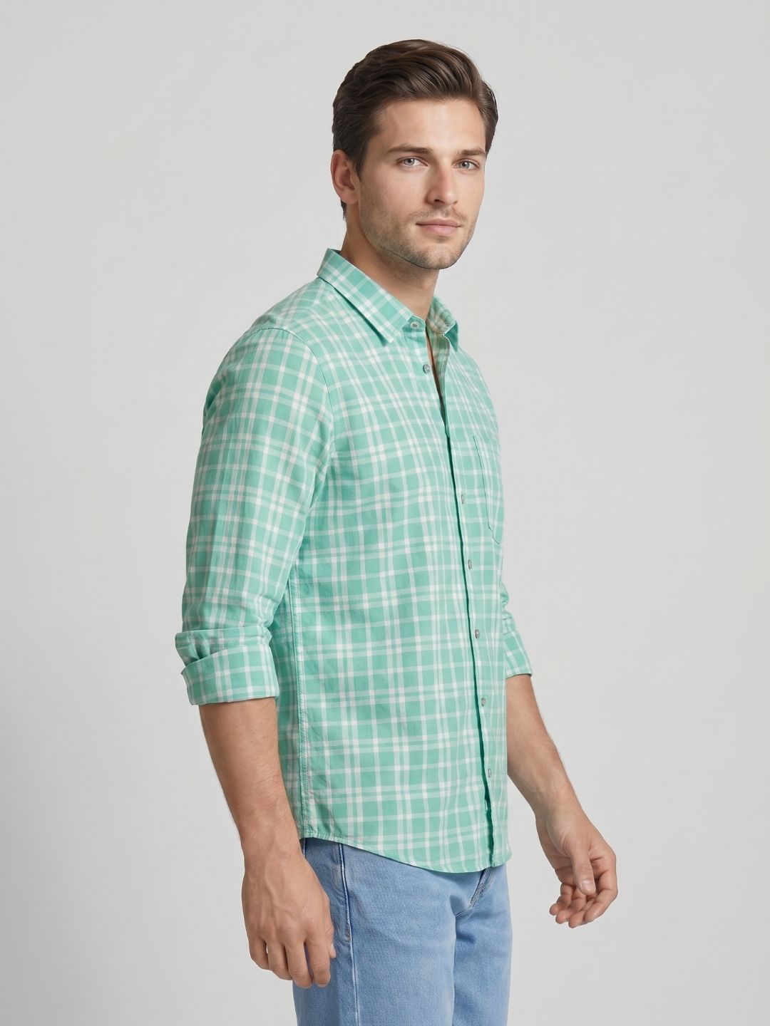 Mokajodi Sea Green Slim Fit Checks Casual Shirt