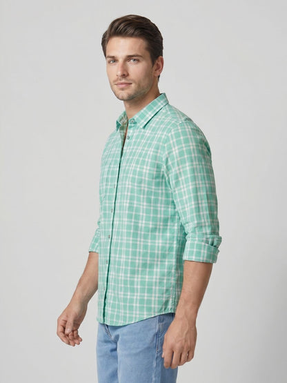 Mokajodi Sea Green Slim Fit Checks Casual Shirt