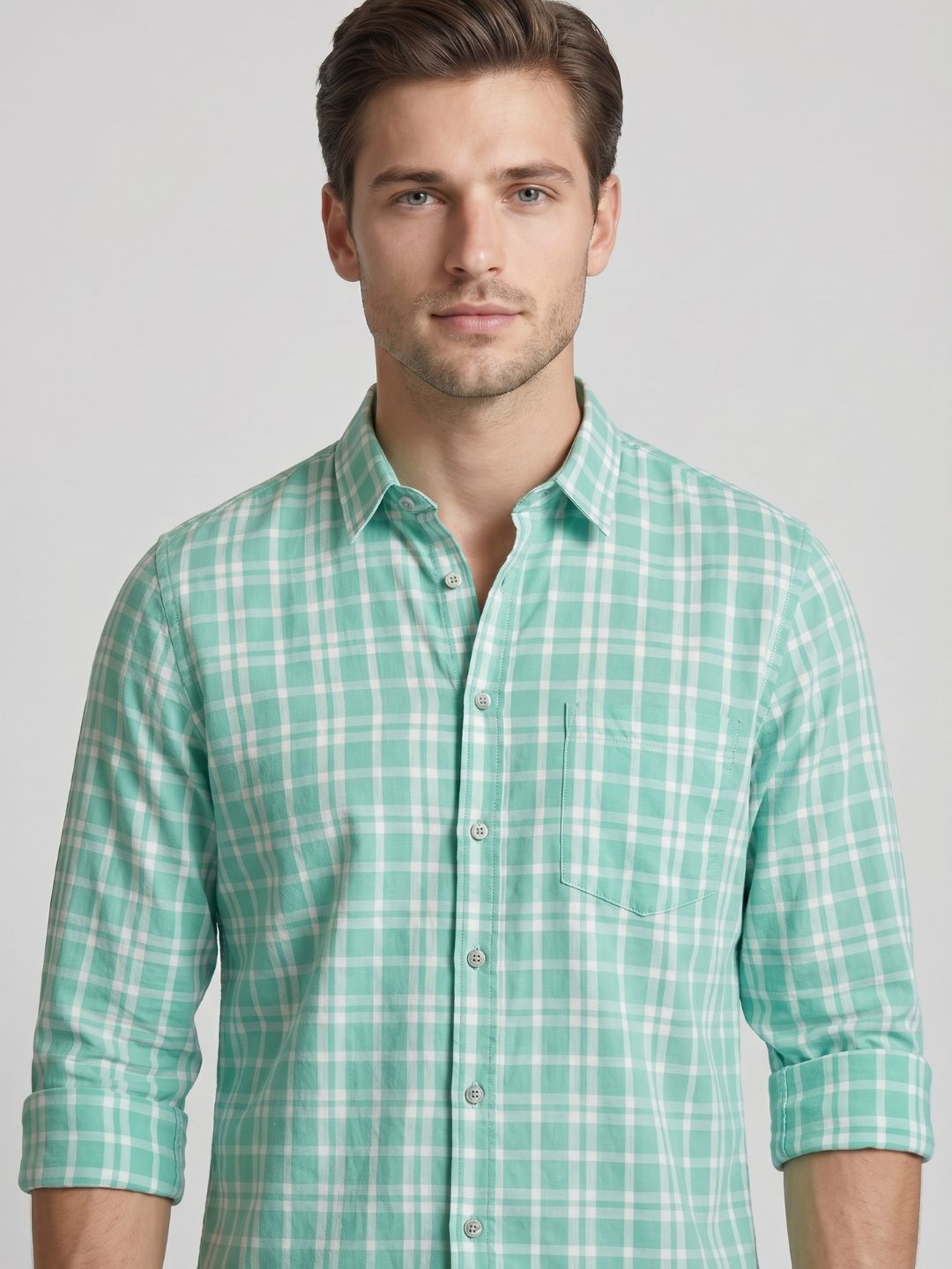 Mokajodi Sea Green Slim Fit Checks Casual Shirt