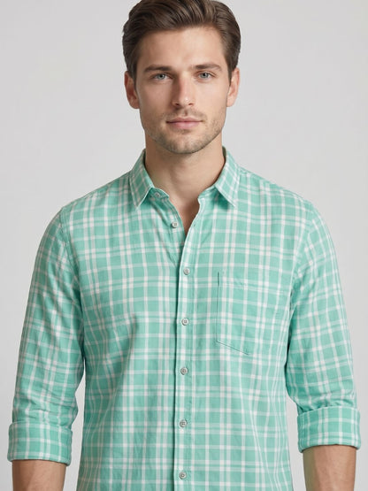 Mokajodi Sea Green Slim Fit Checks Casual Shirt