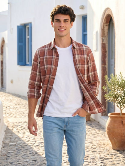 Mokajodi Brown Slim Fit Checks Casual Shirt