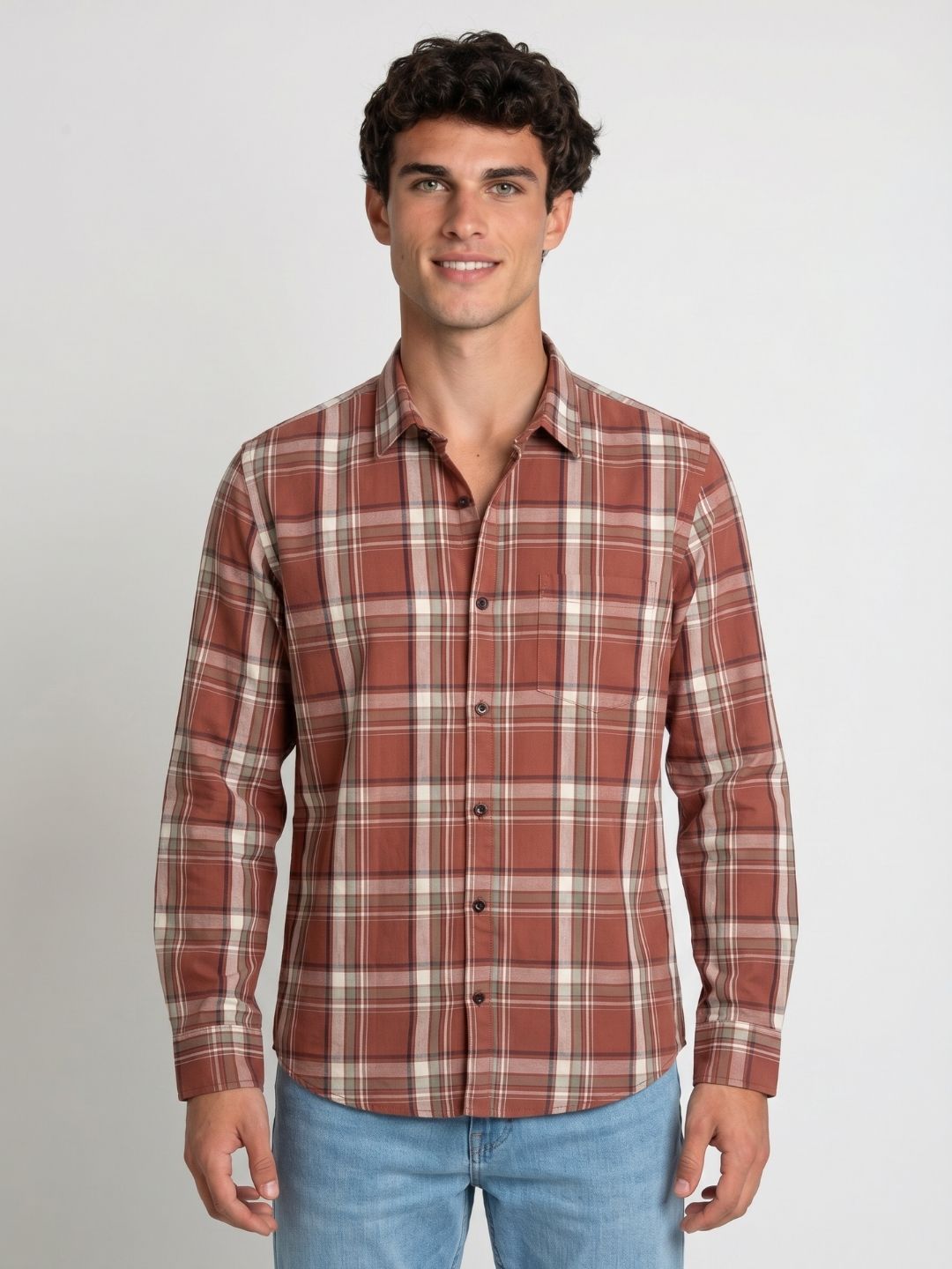 Mokajodi Brown Slim Fit Checks Casual Shirt