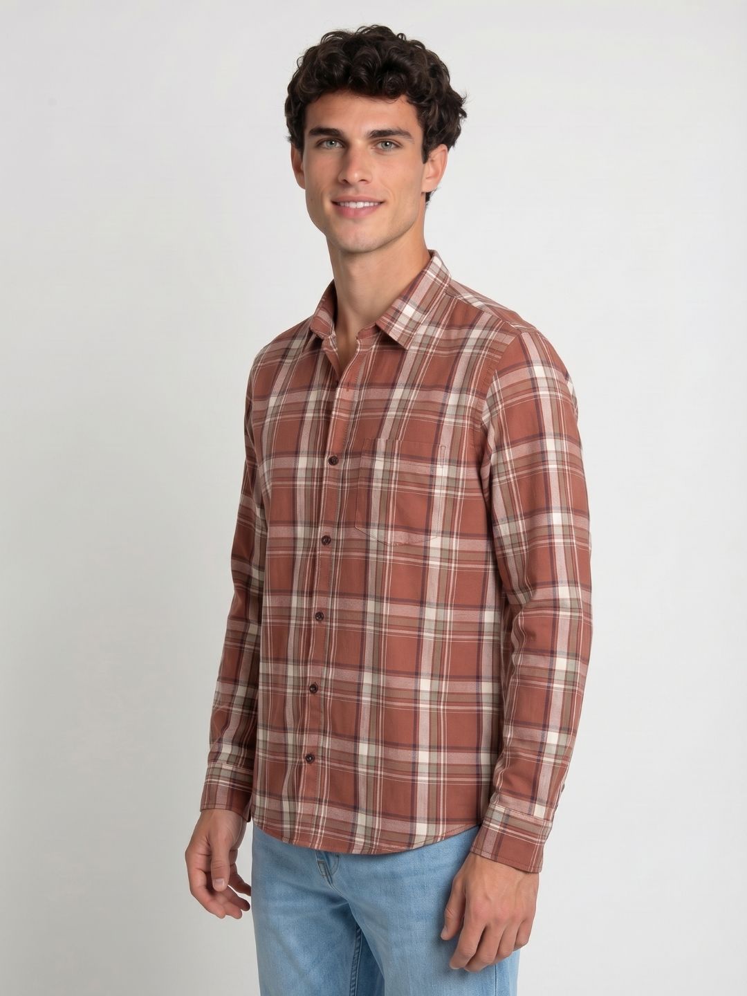 Mokajodi Brown Slim Fit Checks Casual Shirt