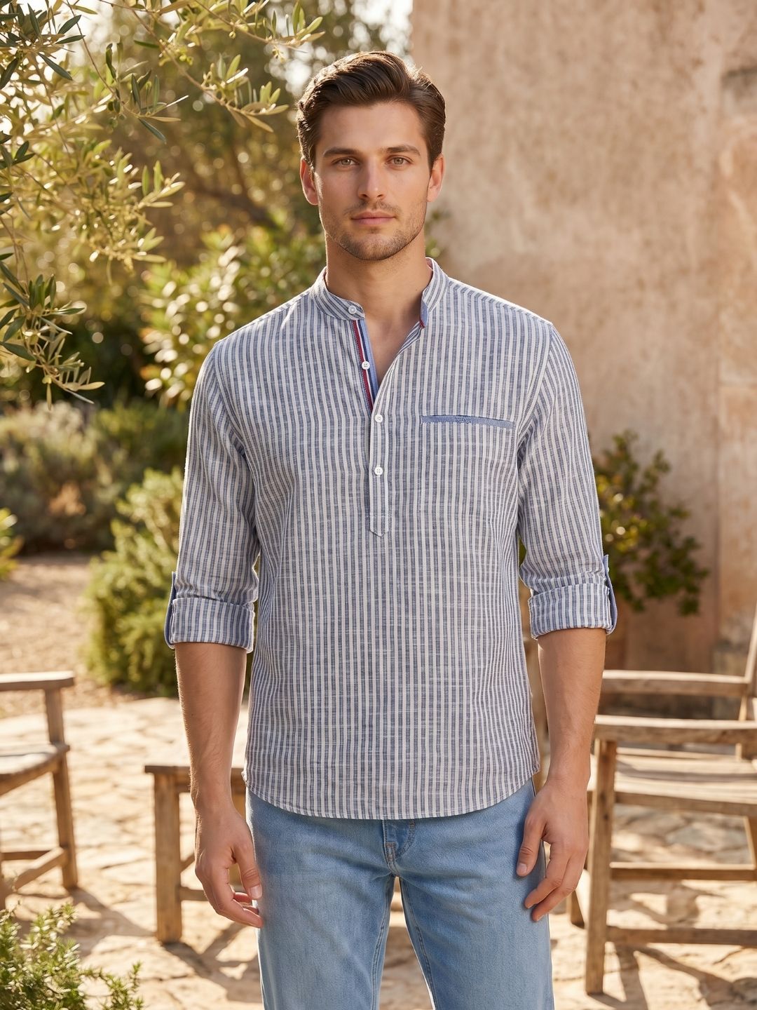 Mokajodi Blue Slim Fit Mandarin Shirt