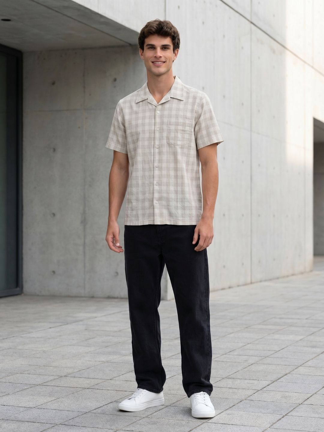 Mokajodi Beige Boxy Fit Checks Casual Shirt
