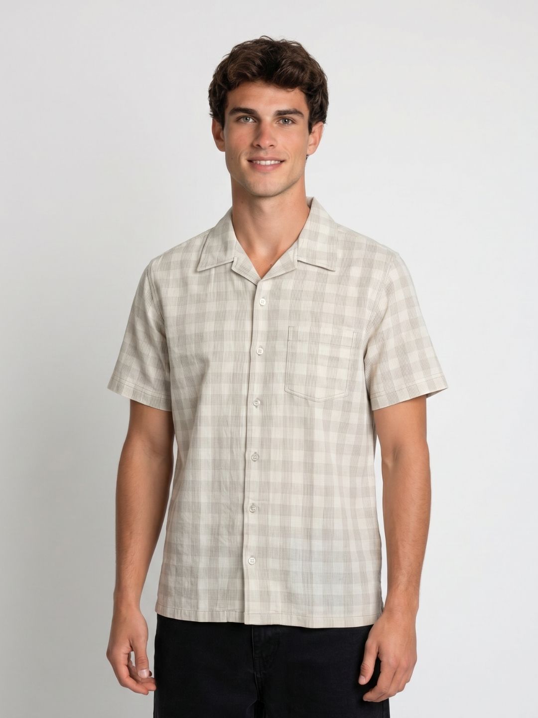 Mokajodi Beige Boxy Fit Checks Casual Shirt