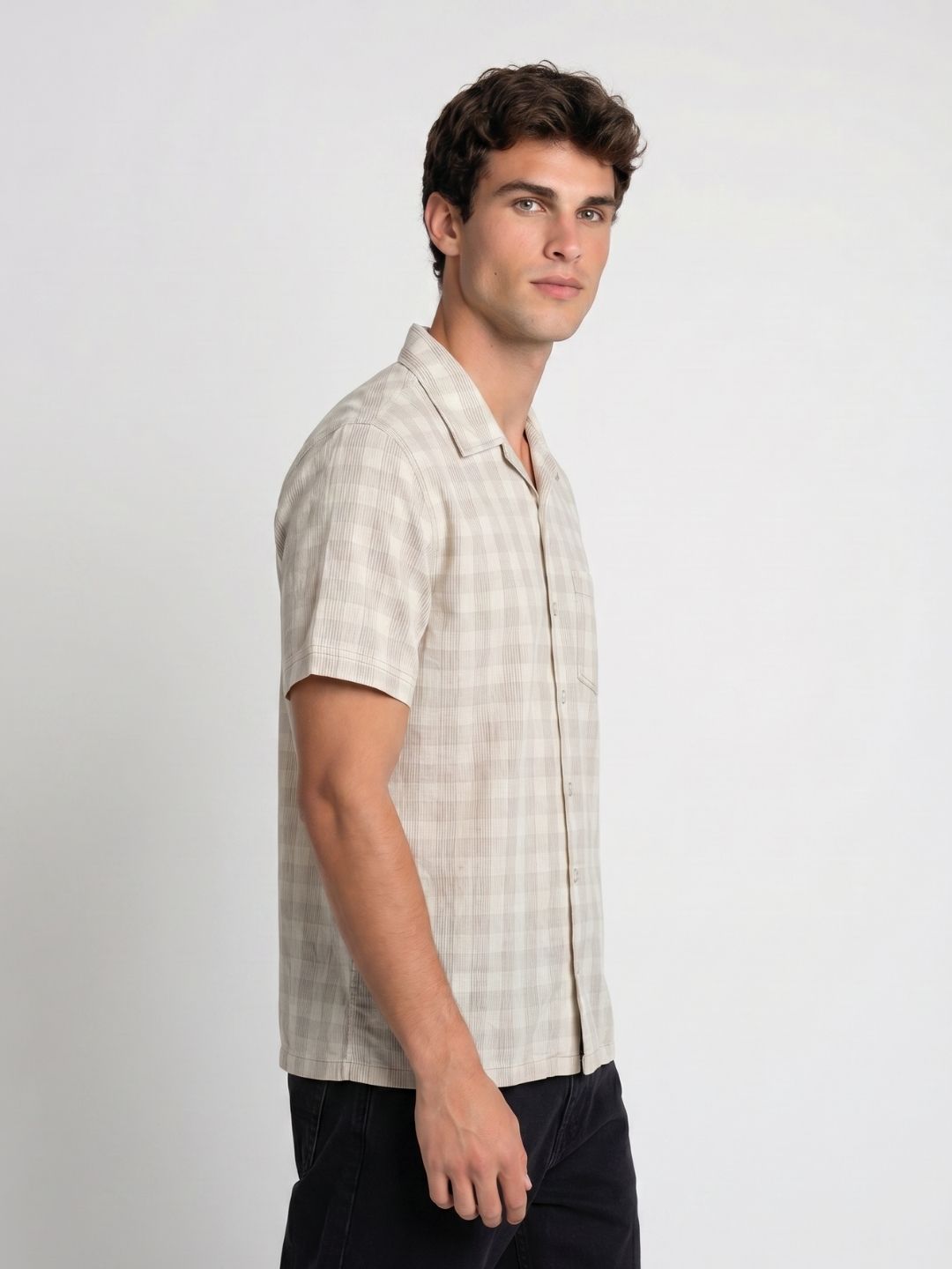 Mokajodi Beige Boxy Fit Checks Casual Shirt