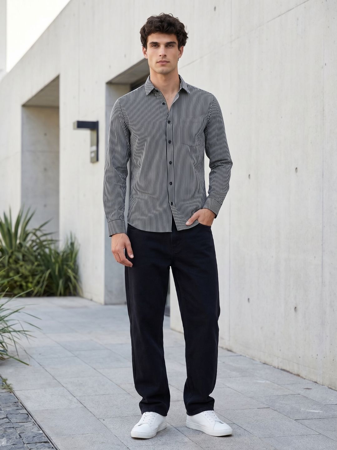 Mokajodi Grey MilangeSlim Fit  Striped Casual Shirt