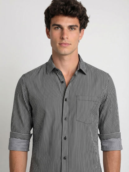 Mokajodi Grey MilangeSlim Fit  Striped Casual Shirt