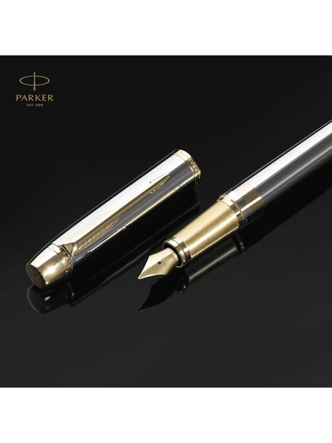 Parker Premium Odyssey Shiny Chrome Gold Trim Fountain Pen Medium Nib