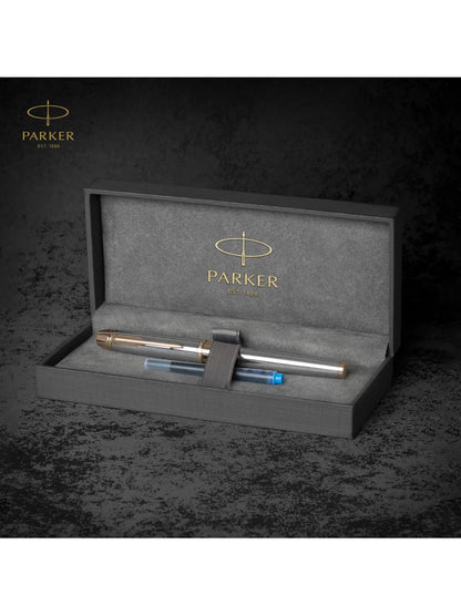 Parker Premium Odyssey Shiny Chrome Gold Trim Fountain Pen Medium Nib