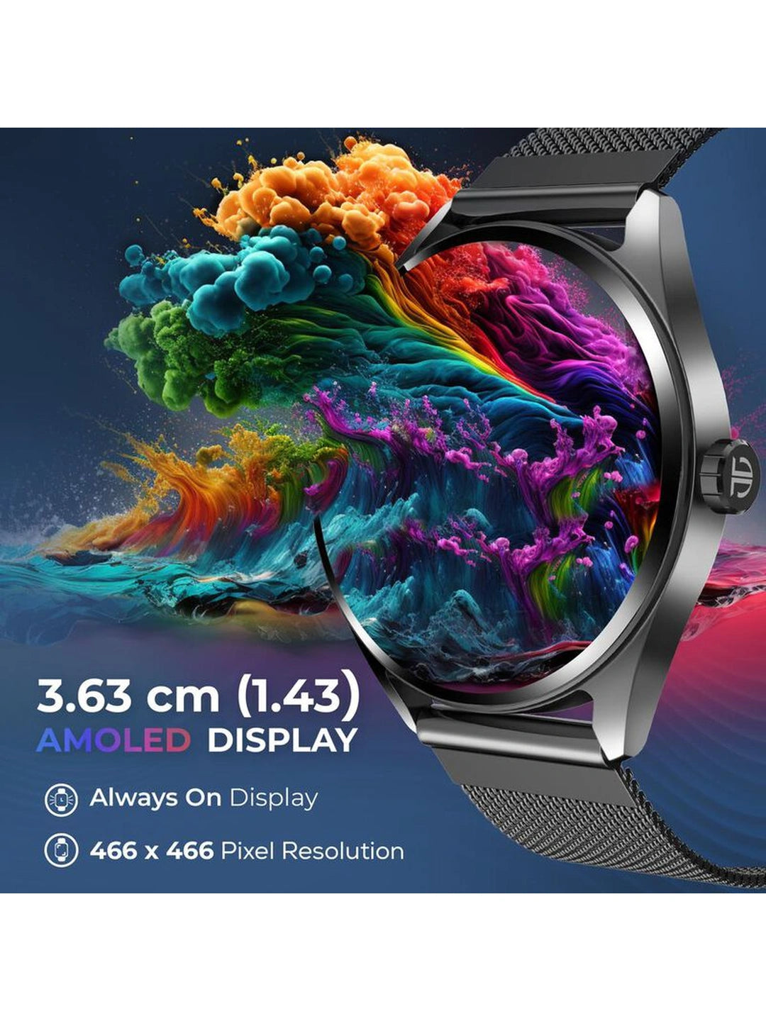Titan Crest With 3.63 cm AMOLED Display With AOD, Functional Crown, BT Calling Smartwatch With Black Mesh Strap