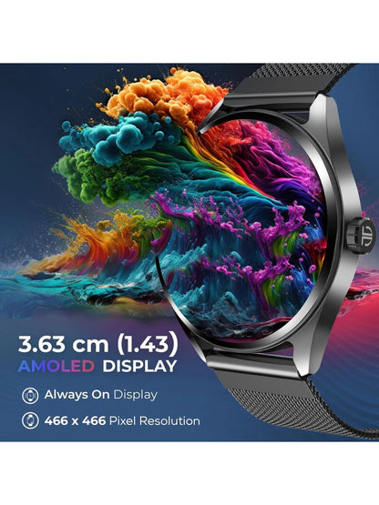 Titan Crest With 3.63 cm AMOLED Display With AOD, Functional Crown, BT Calling Smartwatch With Black Mesh Strap