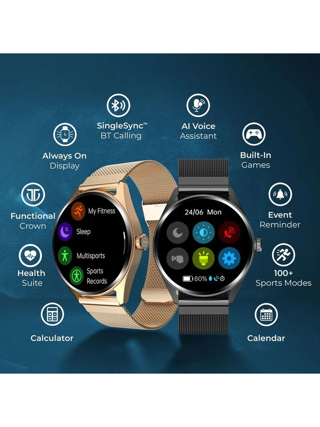 Titan Crest With 3.63 cm AMOLED Display With AOD, Functional Crown, BT Calling Smartwatch With Black Mesh Strap
