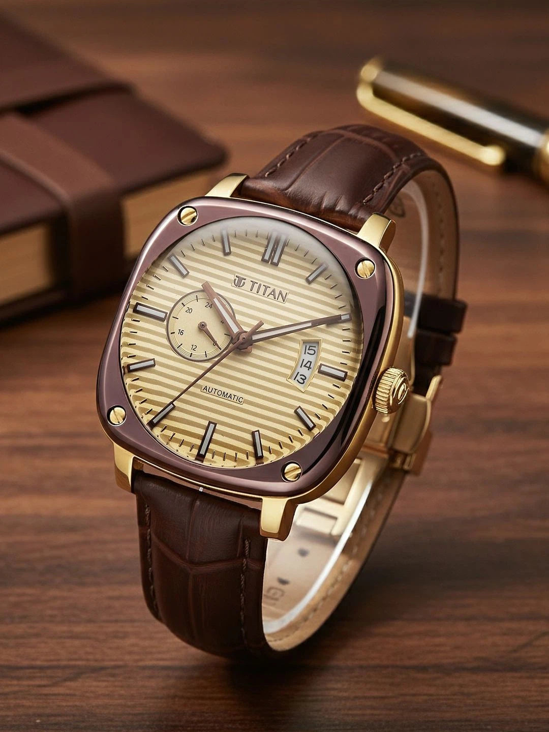 Titan Vintage Concealed Automatic Analog Beige Dial Watch - 90225KL03
