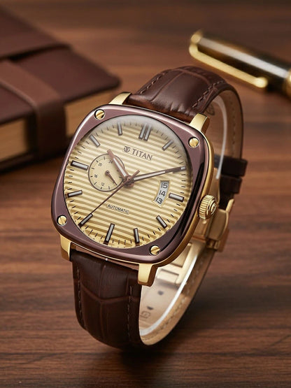 Titan Vintage Concealed Automatic Analog Beige Dial Watch - 90225KL03