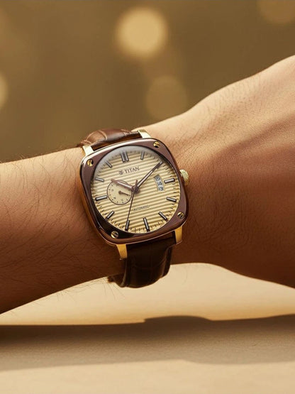 Titan Vintage Concealed Automatic Analog Beige Dial Watch - 90225KL03