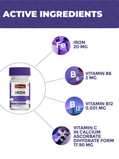 Swisse Iron with Ferrous Bisglycinate, Calcium Absorbate Dihydrate & Vitamin C for Healthy Blood, Haemoglobin & Energy Levels (30 Tablets)