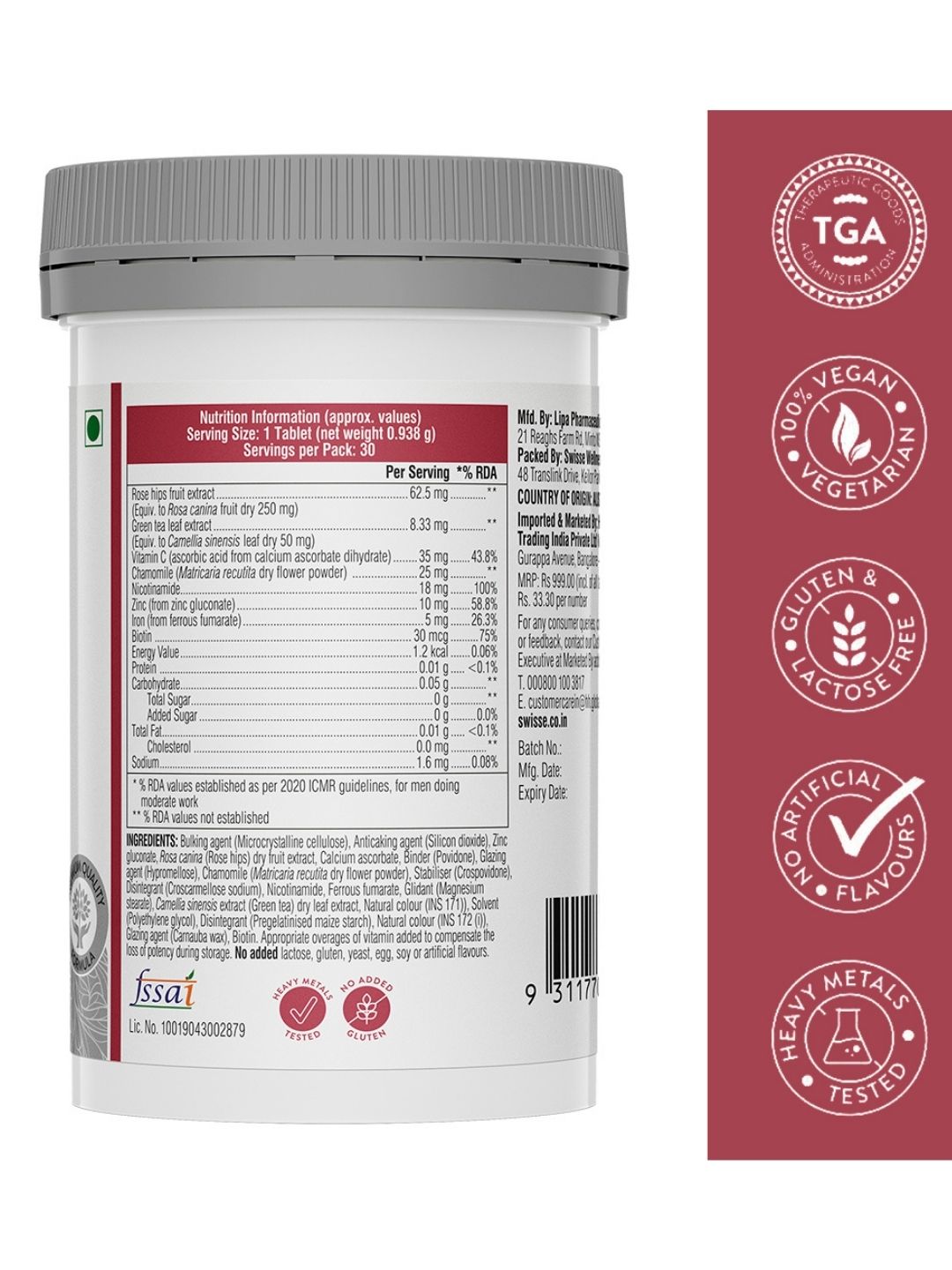 Swisse Biotin+ with Nicotinamide, Rose Hips & Vitamin C to Reduce Hair Loss and Promote Regrowth (30 Tablets)