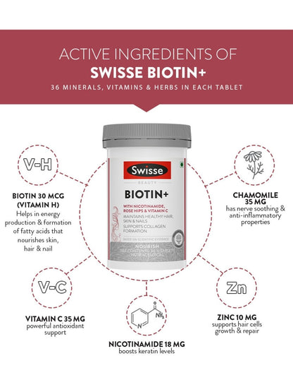 Swisse Biotin+ with Nicotinamide, Rose Hips & Vitamin C to Reduce Hair Loss and Promote Regrowth (30 Tablets)