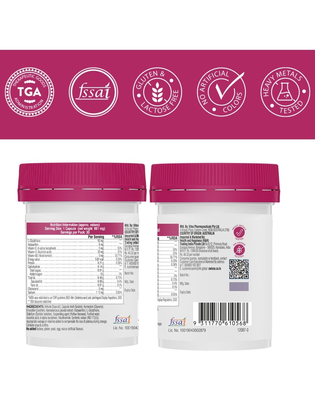 Swisse Glutathione+ with Astaxanthin, Vitamin C & E, Nicotinamide for Healthy, Radiant & Youthful Skin (30 Capsules)