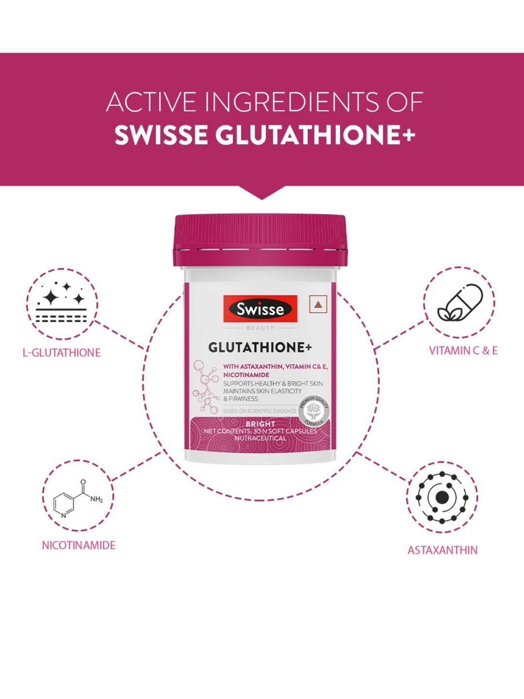 Swisse Glutathione+ with Astaxanthin, Vitamin C & E, Nicotinamide for Healthy, Radiant & Youthful Skin (30 Capsules)