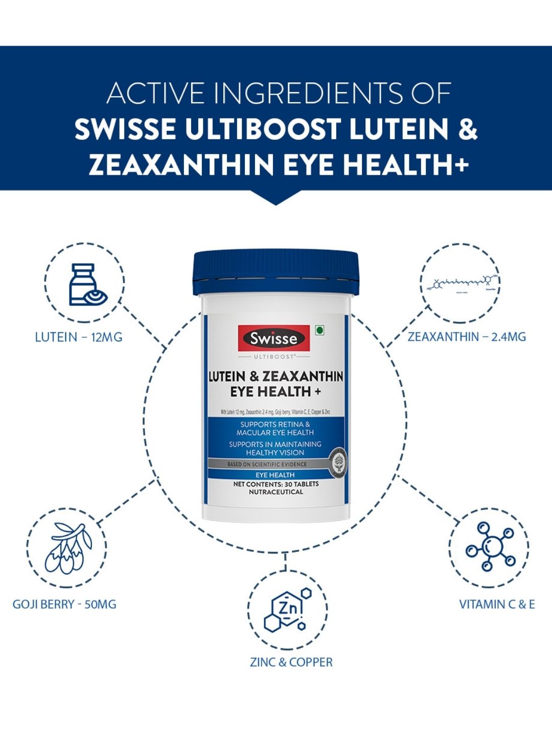 Swisse Eye Health+ with Lutein & Zeaxanthin for Vision Support & Reduced Digital Strain (30 Tablets)