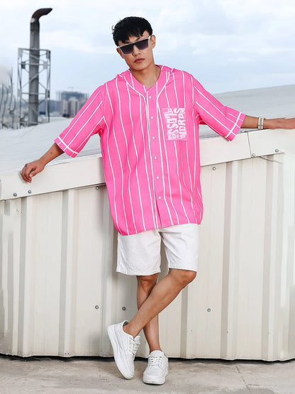 House Of Koala Men Striped Printed Pink Classic Oversized Fit Baseball Shirt