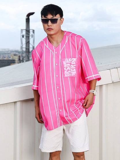 House Of Koala Men Striped Printed Pink Classic Oversized Fit Baseball Shirt