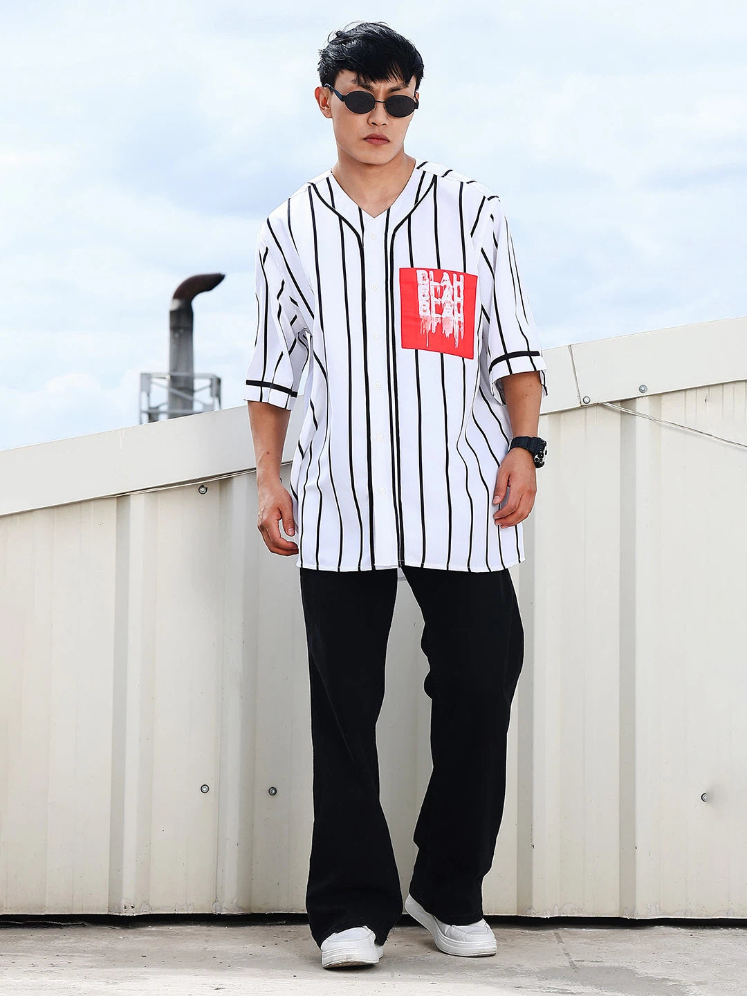 House Of Koala Men Stripe Printed White Classic Oversized Fit Baseball Shirt