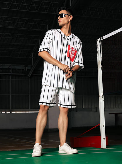 House Of Koala Men Stripe Printed White Classic Oversized Fit Baseball Shirt