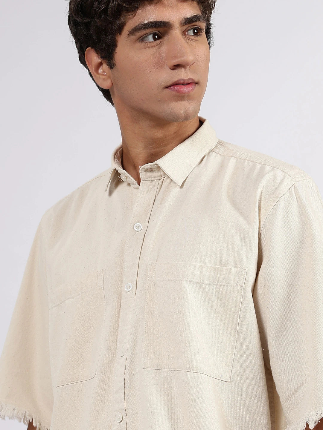 House Of Koala Off-White Raw Edge Oversized Box-Fit Spread Collar Premium Denim Shirt