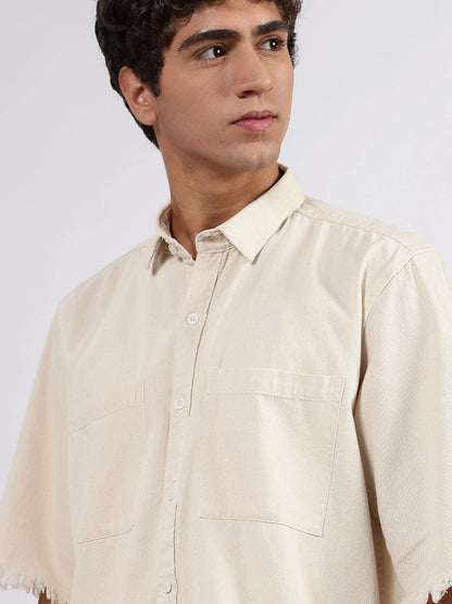 House Of Koala Off-White Raw Edge Oversized Box-Fit Spread Collar Premium Denim Shirt