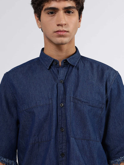 House Of Koala Navy Denim Raw Edge Oversized Box-Fit Spread Collar Half Sleeve Shirt