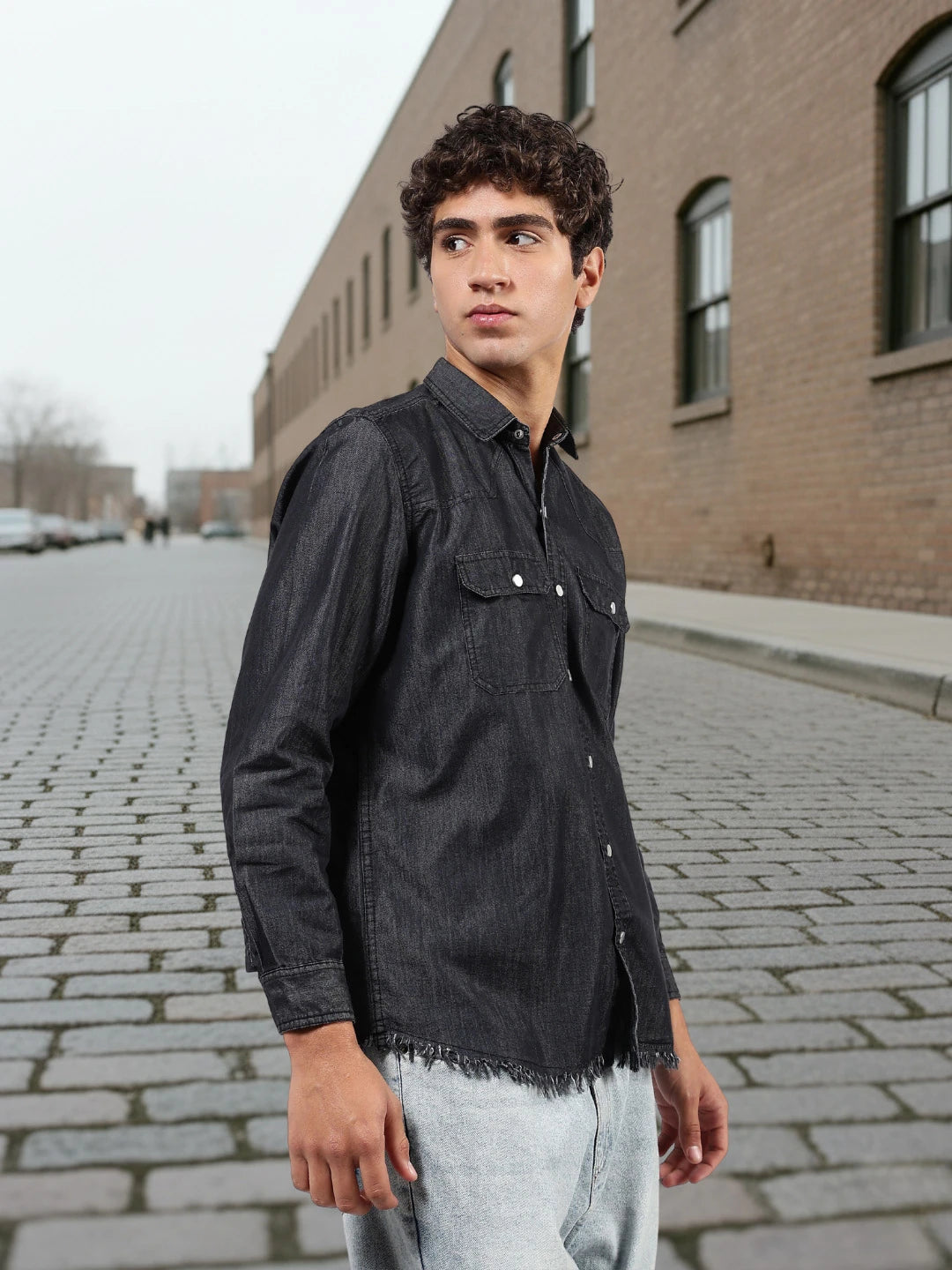 House Of Koala Black Raw Edge Oversized Relaxed Fit Full Sleeve Spread Collar Premium Denim Shirt